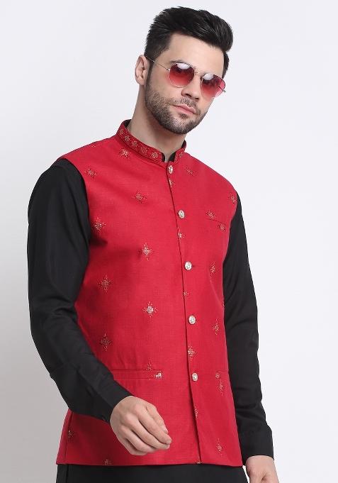 Maroon Embellished Cotton Nehru Jacket For Men