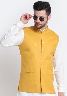 Yellow Embellished Cotton Nehru Jacket For Men