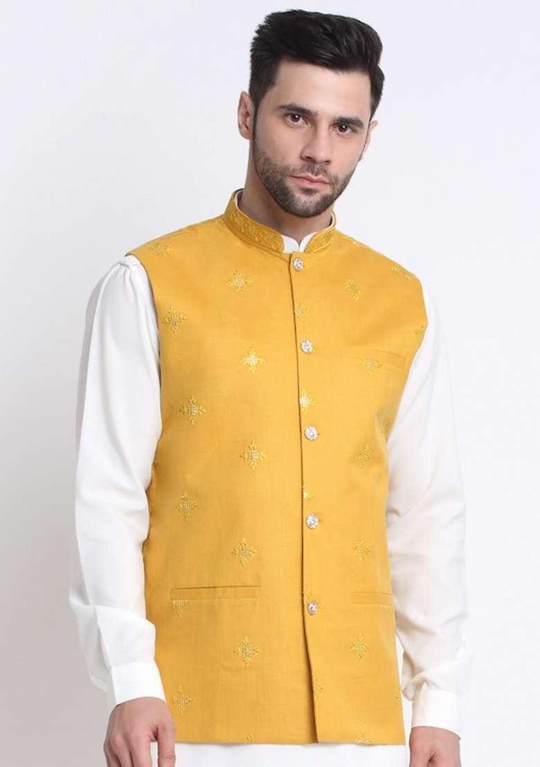 Yellow Embellished Cotton Nehru Jacket For Men - Indya
