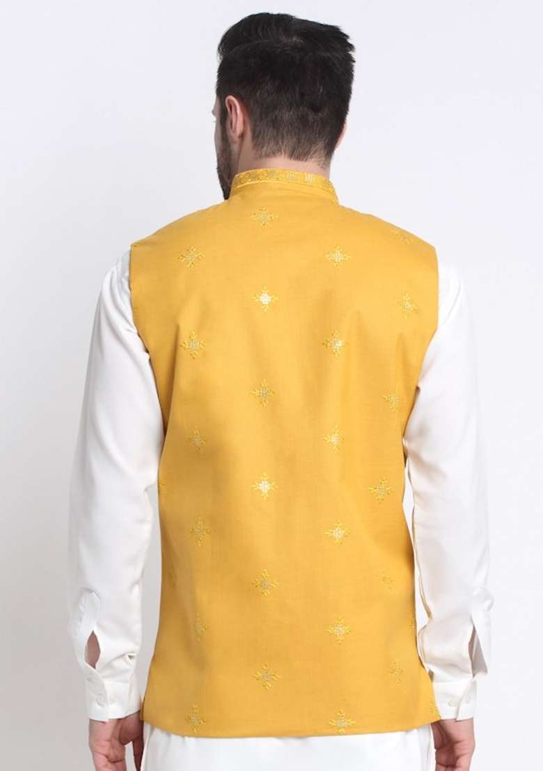 Yellow Embellished Cotton Nehru Jacket For Men - Indya