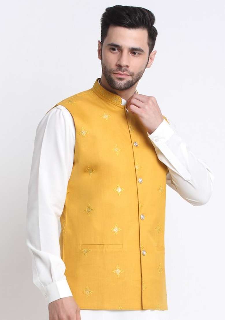 Yellow Embellished Cotton Nehru Jacket For Men - Indya