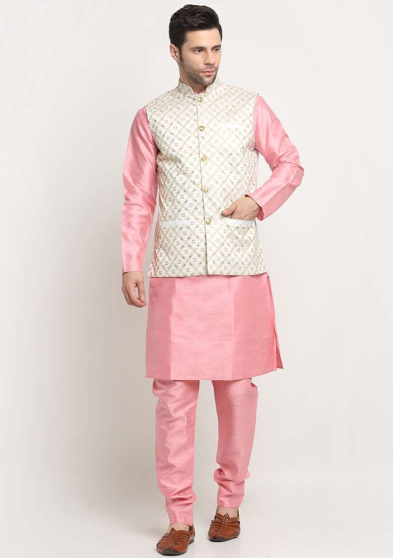 Cream Self Design Silk Nehru Jacket For Men - Indya