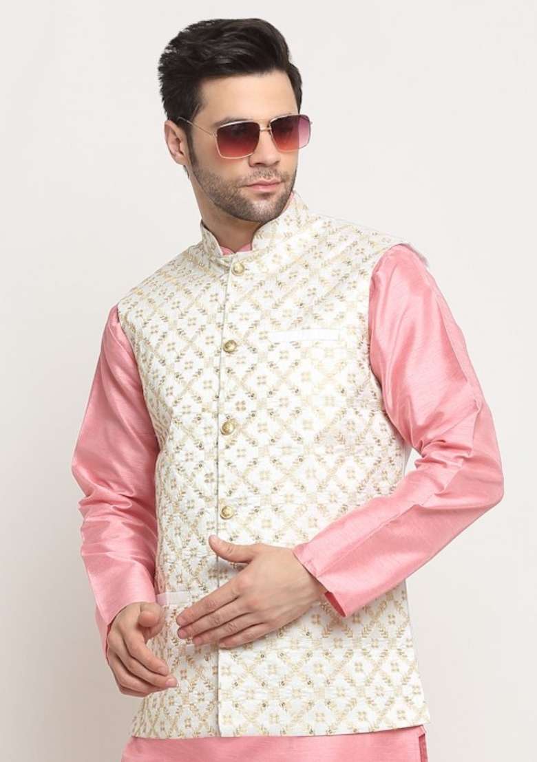 Cream Self Design Silk Nehru Jacket For Men - Indya