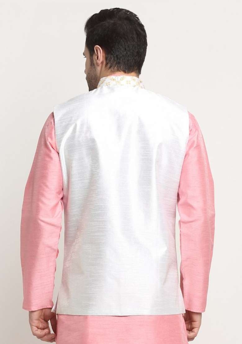 Cream Self Design Silk Nehru Jacket For Men - Indya