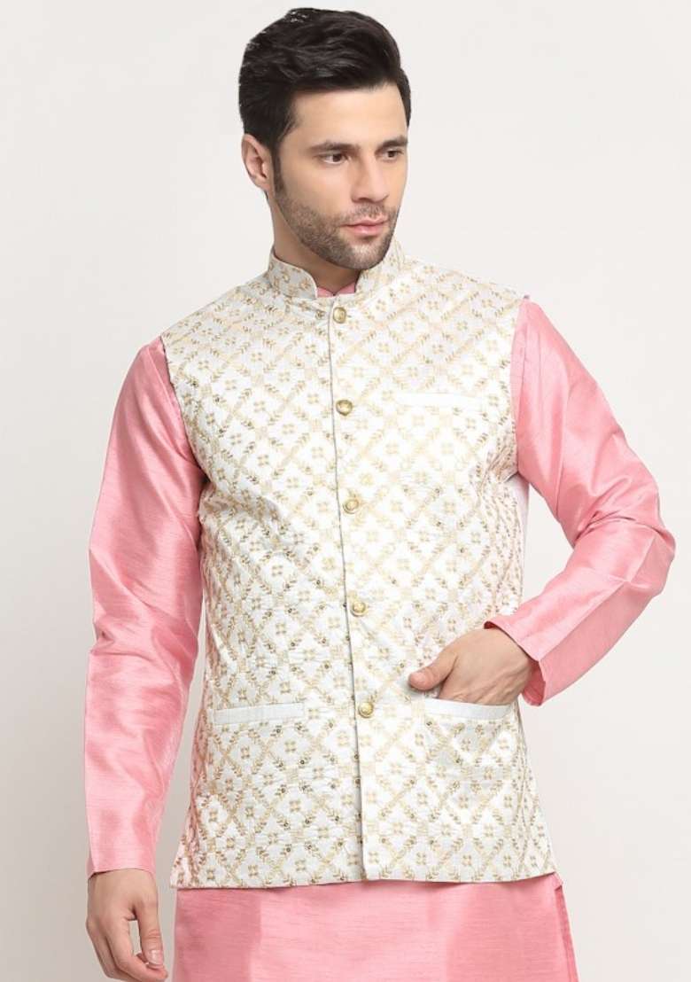 Cream Self Design Silk Nehru Jacket For Men - Indya