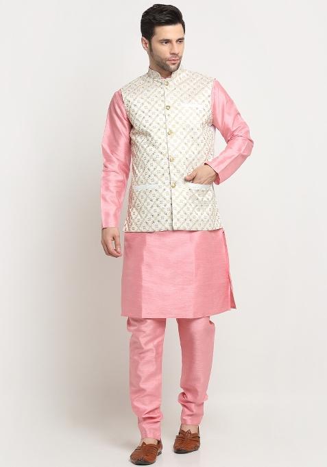 Cream Self Design Silk Nehru Jacket For Men