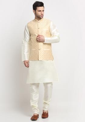 Beige Self Design Silk Nehru Jacket For Men