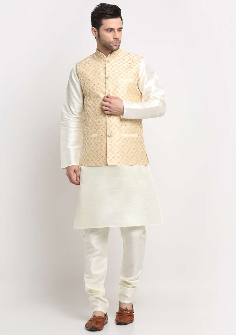 Beige Self Design Silk Nehru Jacket For Men - Indya