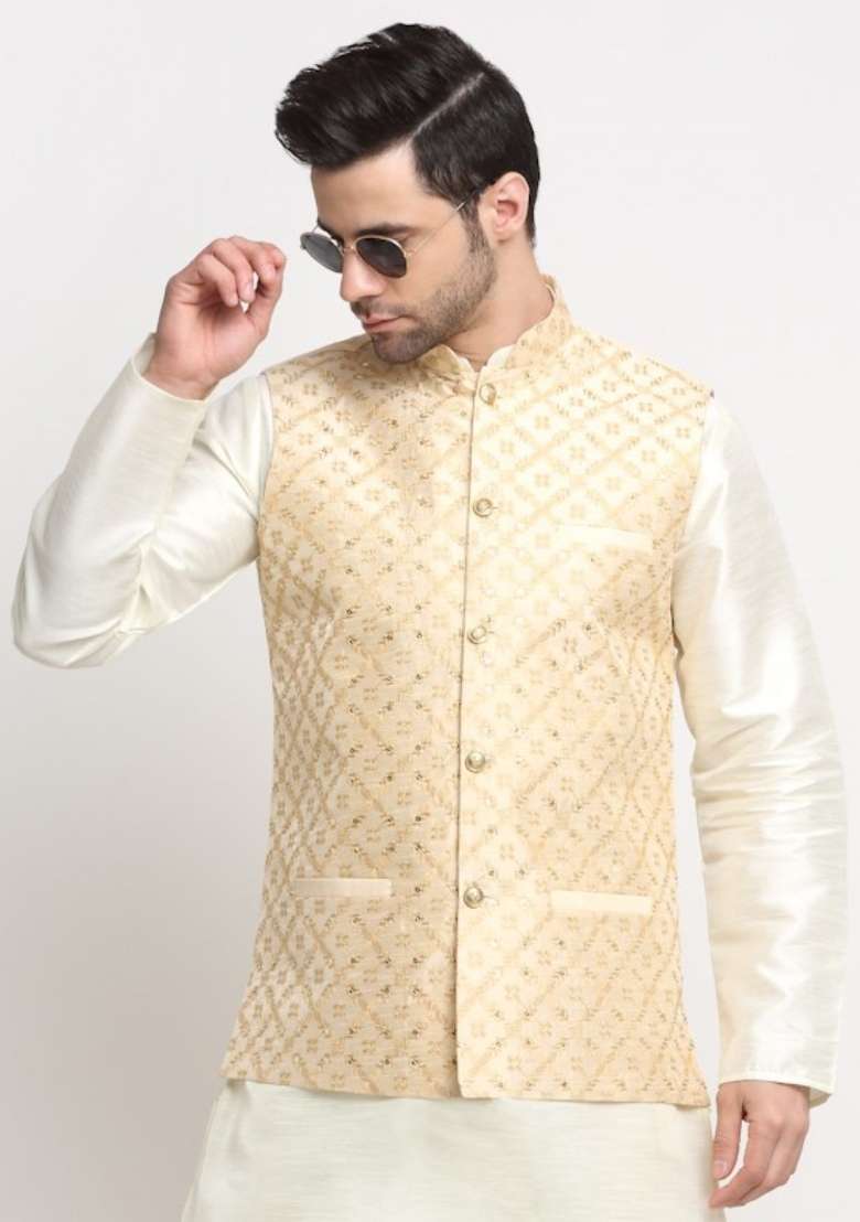 Beige Self Design Silk Nehru Jacket For Men - Indya