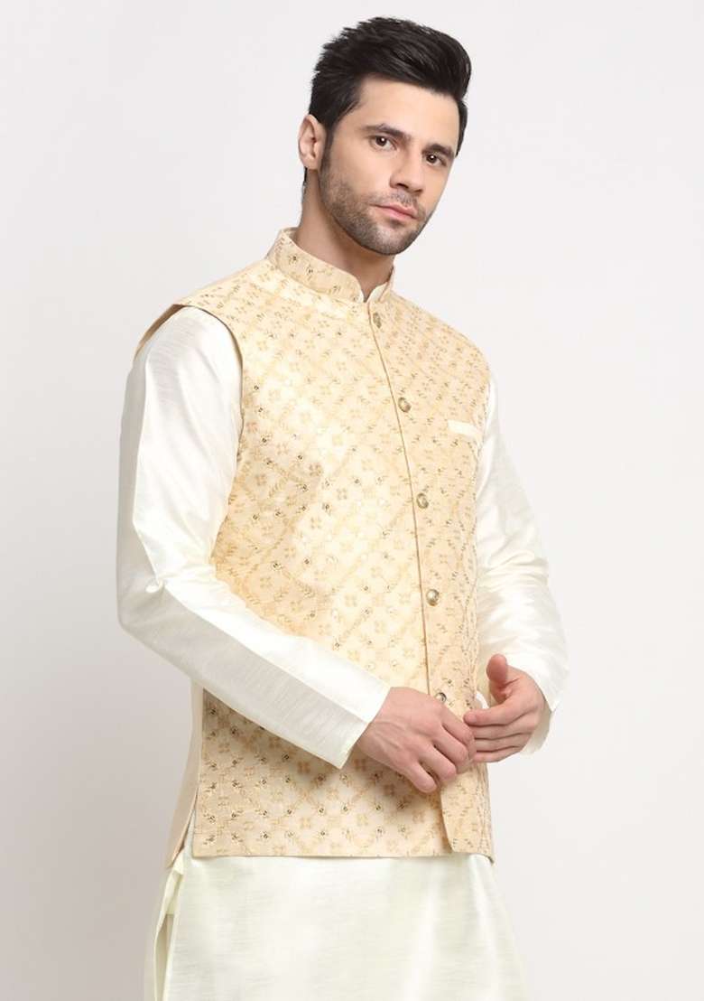 Beige Self Design Silk Nehru Jacket For Men - Indya