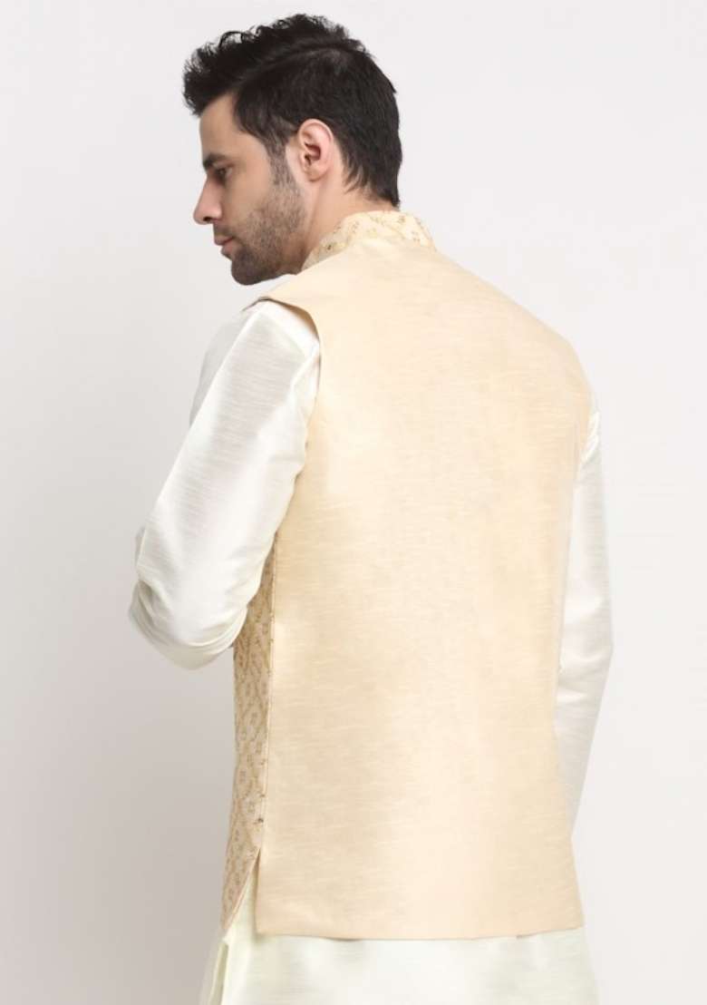 Beige Self Design Silk Nehru Jacket For Men - Indya