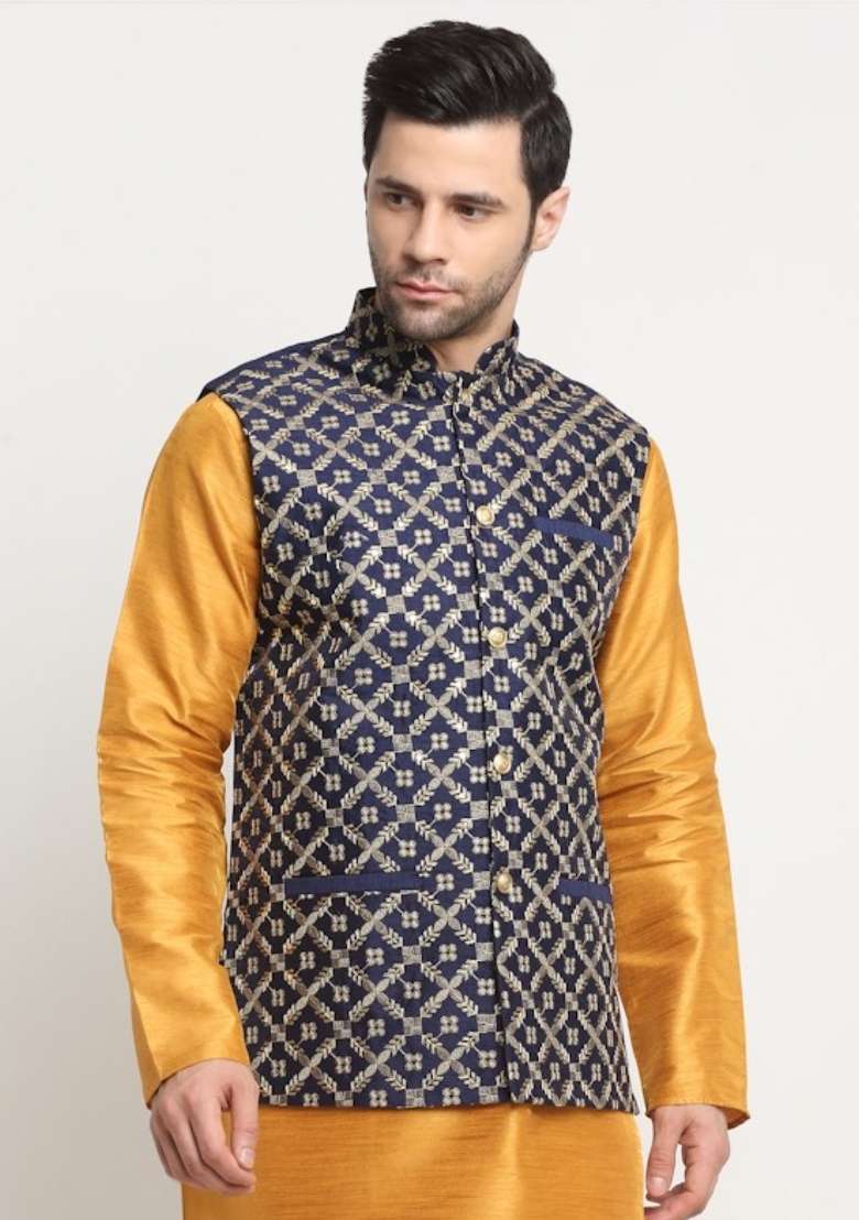 Navy Blue Self Design Silk Nehru Jacket For Men - Indya
