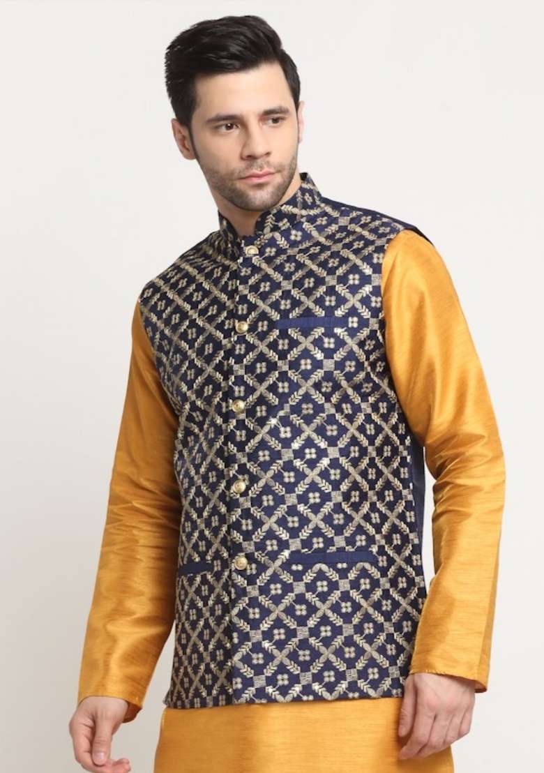 Navy Blue Self Design Silk Nehru Jacket For Men - Indya