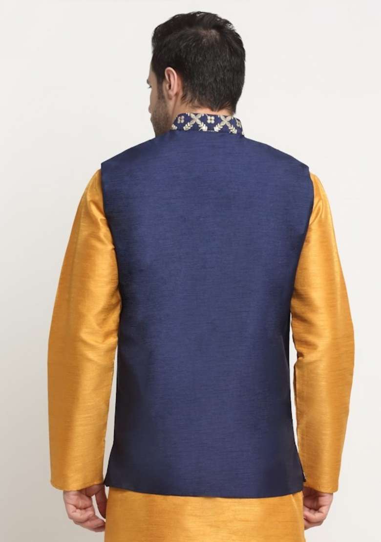 Navy Blue Self Design Silk Nehru Jacket For Men - Indya