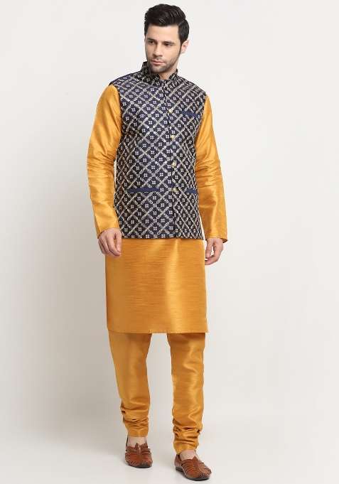 Navy Blue Self Design Silk Nehru Jacket For Men