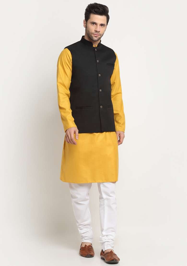 Black Self Design Cotton Nehru Jacket For Men - Indya