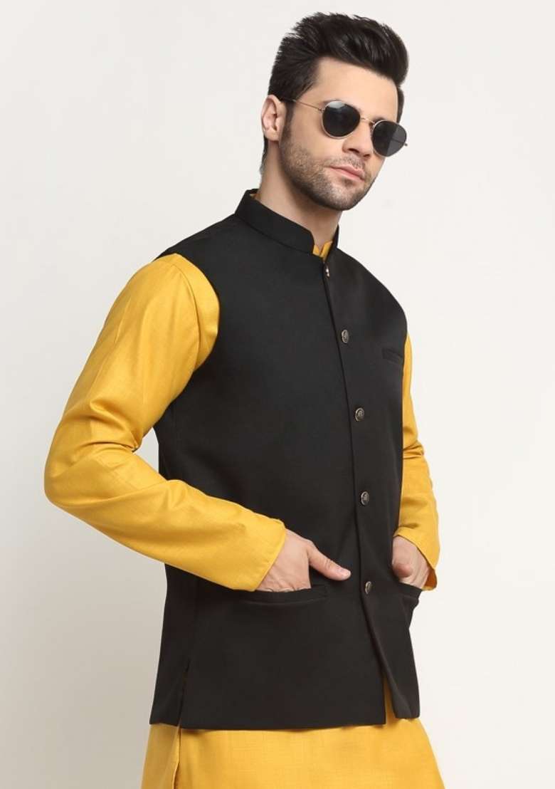 Black Self Design Cotton Nehru Jacket For Men - Indya