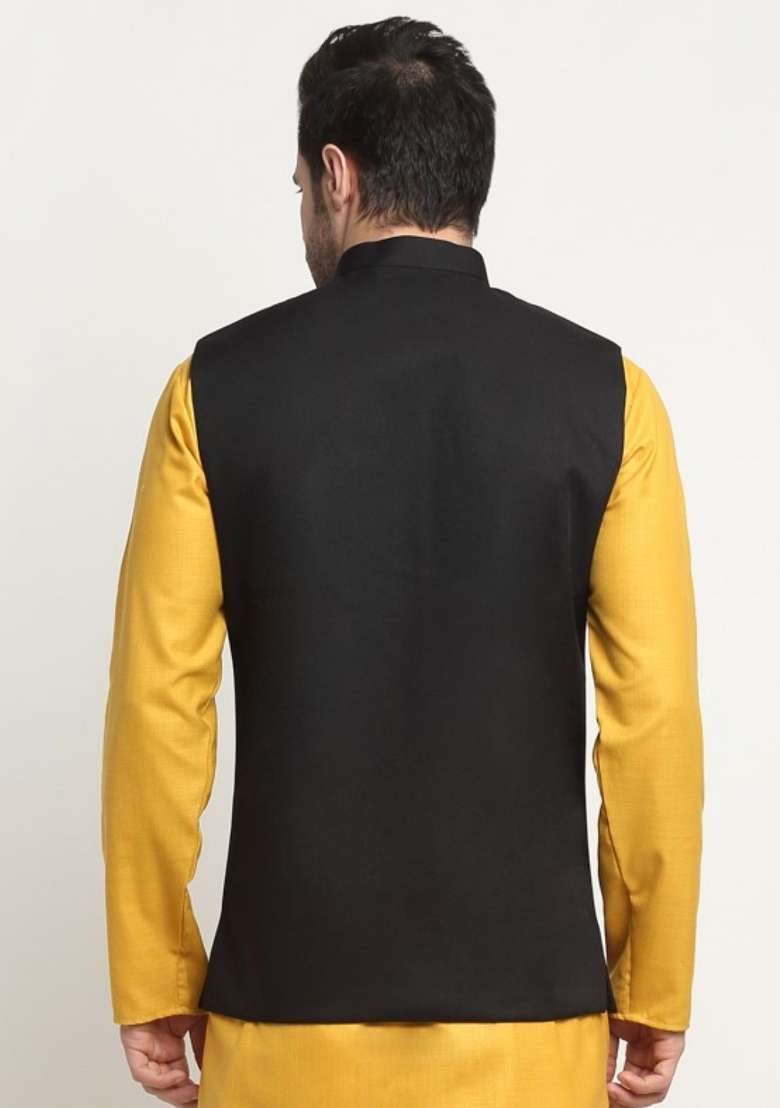 Black Self Design Cotton Nehru Jacket For Men - Indya