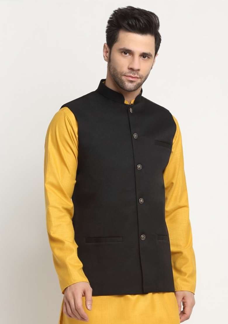 Black Self Design Cotton Nehru Jacket For Men - Indya