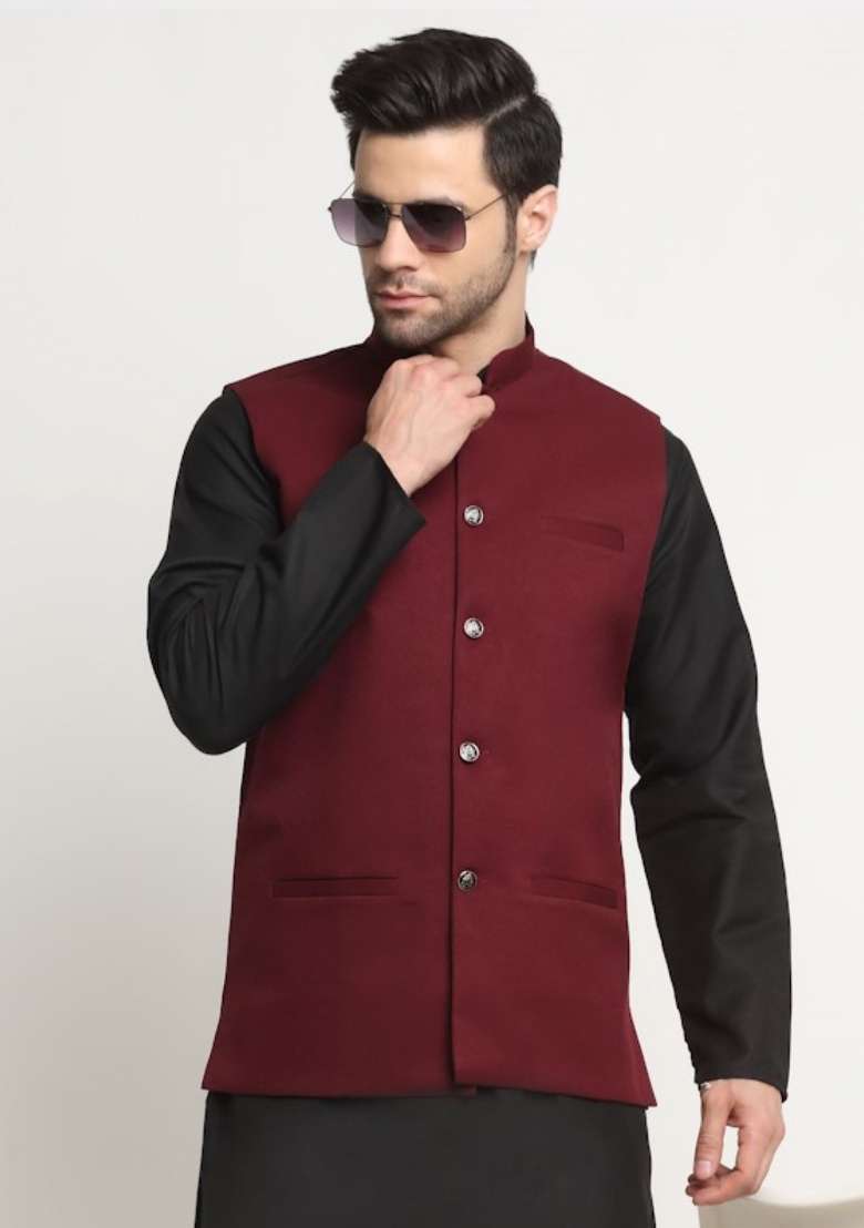 Maroon Self Design Cotton Nehru Jacket For Men - Indya