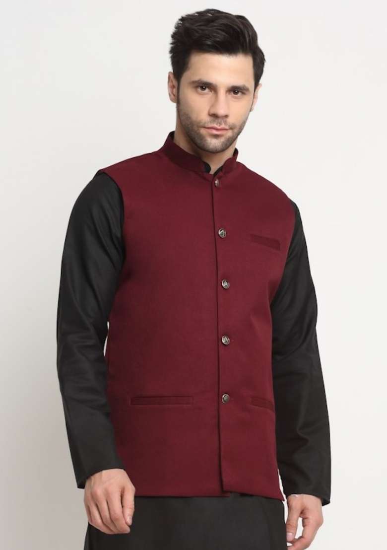 Maroon Self Design Cotton Nehru Jacket For Men - Indya