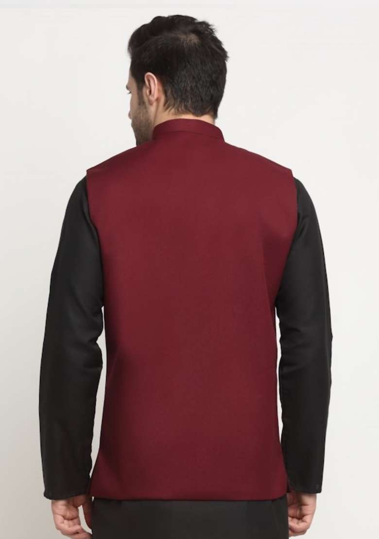 Maroon Self Design Cotton Nehru Jacket For Men - Indya