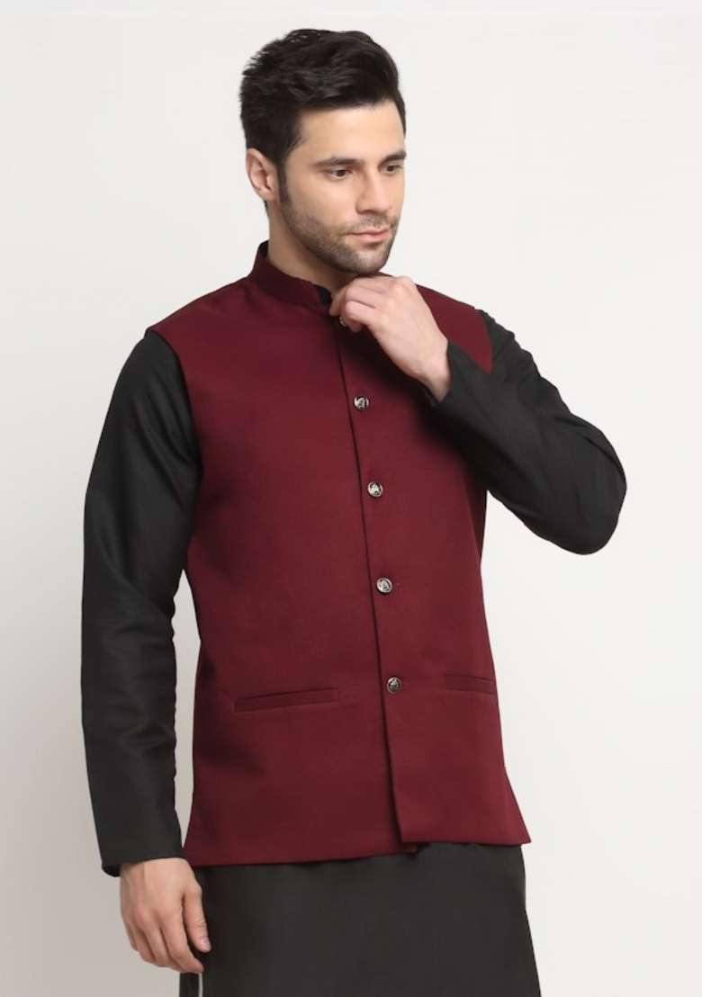 Maroon Self Design Cotton Nehru Jacket For Men - Indya