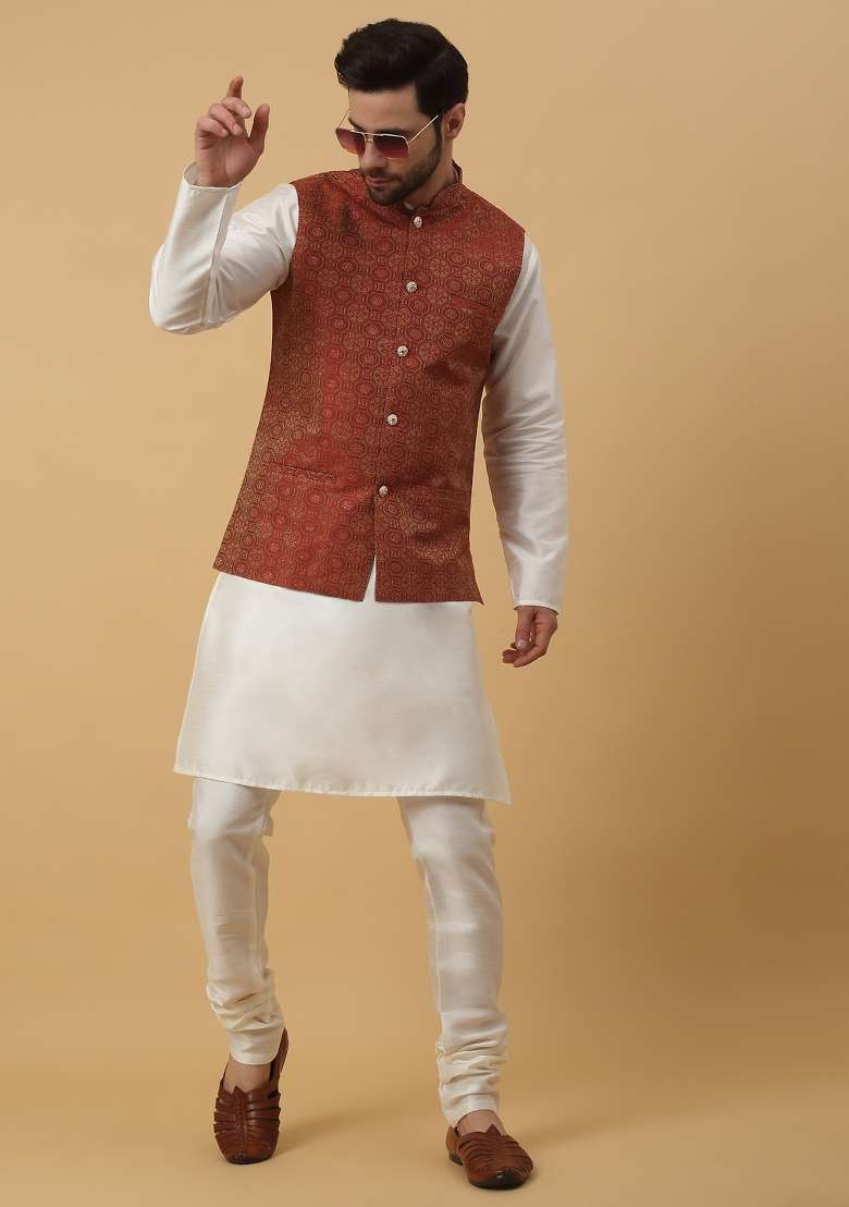 Maroon Self Design Silk Nehru Jacket For Men - Indya
