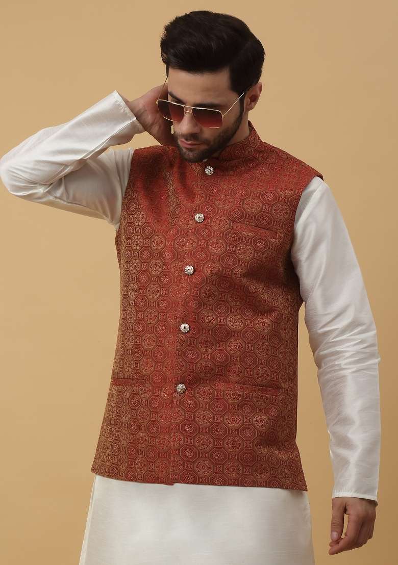 Maroon Self Design Silk Nehru Jacket For Men - Indya