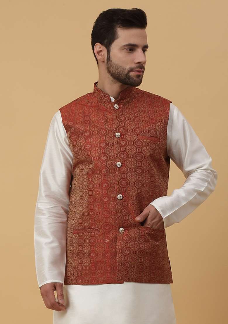 Maroon Self Design Silk Nehru Jacket For Men - Indya