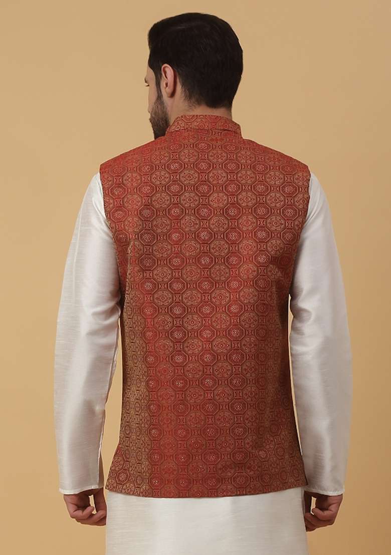 Maroon Self Design Silk Nehru Jacket For Men - Indya