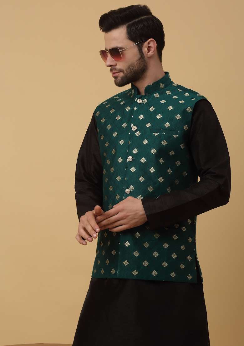 Green Printed Silk Nehru Jacket For Men - Indya