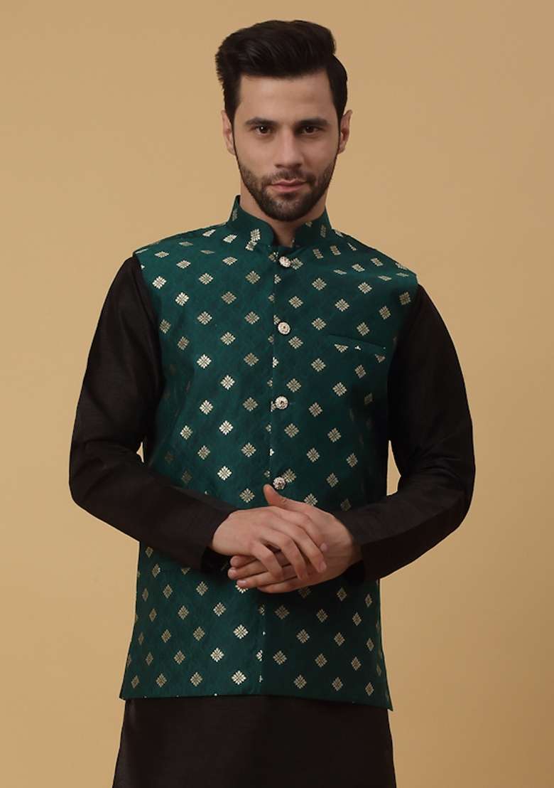 Green Printed Silk Nehru Jacket For Men - Indya