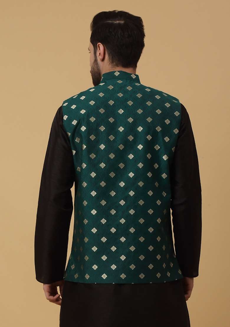 Green Printed Silk Nehru Jacket For Men - Indya