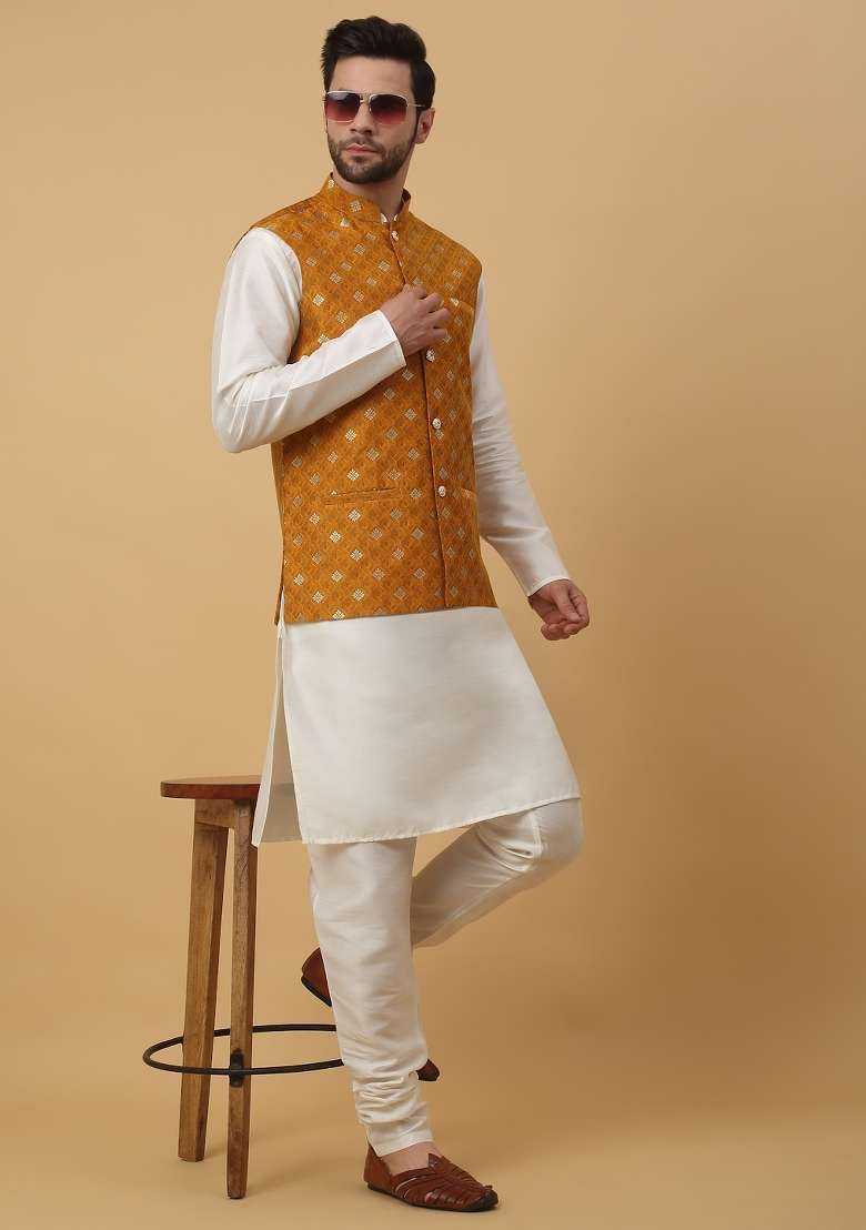 Yellow Printed Silk Nehru Jacket For Men - Indya