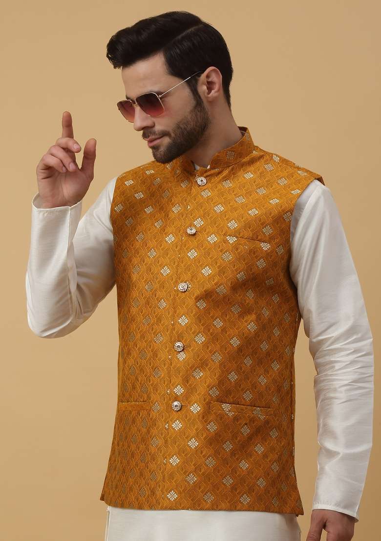 Yellow Printed Silk Nehru Jacket For Men - Indya