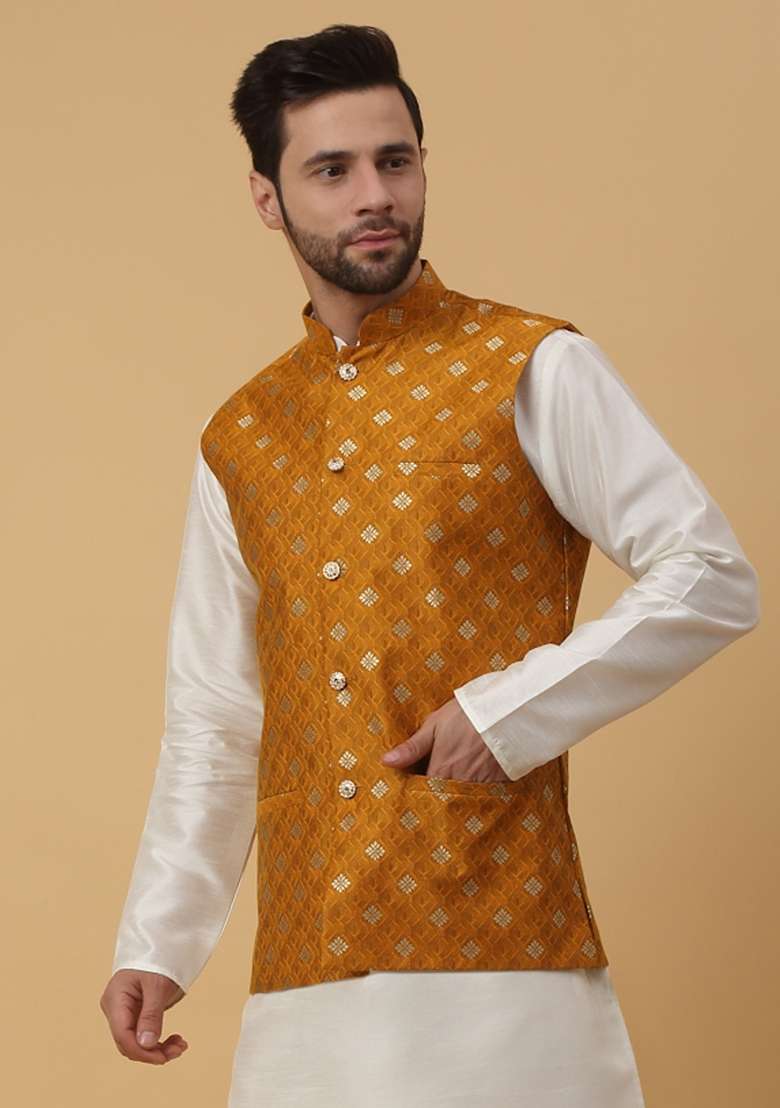 Yellow Printed Silk Nehru Jacket For Men - Indya
