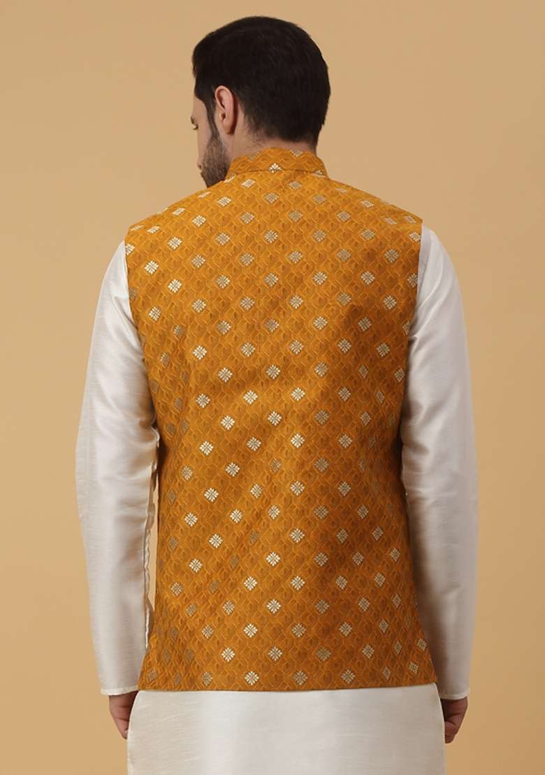 Yellow Printed Silk Nehru Jacket For Men - Indya