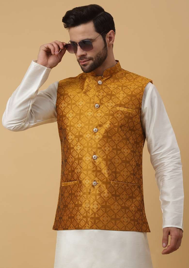 Mustard Embellished Silk Nehru Jacket For Men - Indya