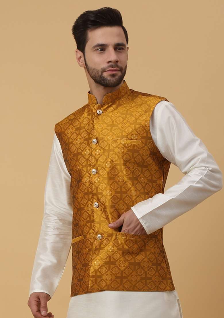 Mustard Embellished Silk Nehru Jacket For Men - Indya