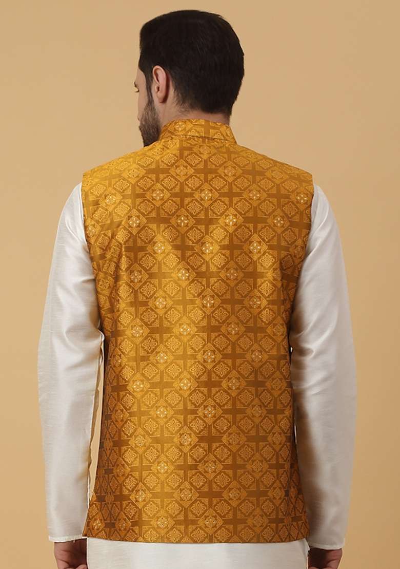 Mustard Embellished Silk Nehru Jacket For Men - Indya