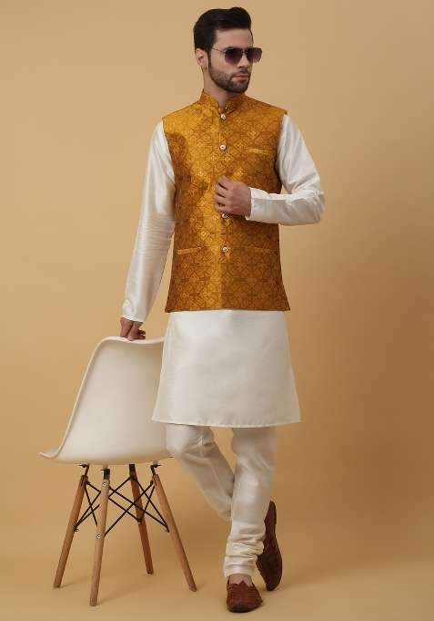 Mustard Embellished Silk Nehru Jacket For Men