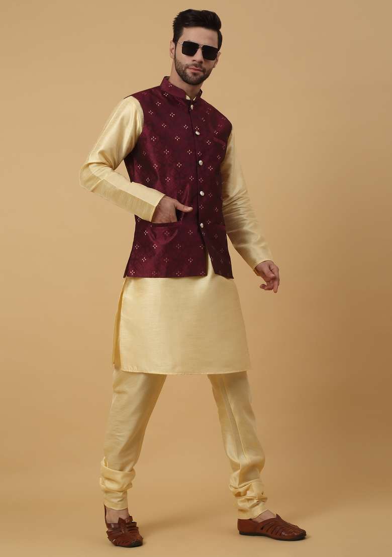 Wine Embellished Silk Nehru Jacket For Men - Indya