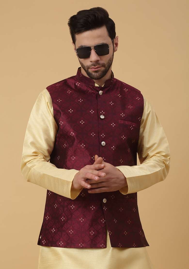 Wine Embellished Silk Nehru Jacket For Men - Indya