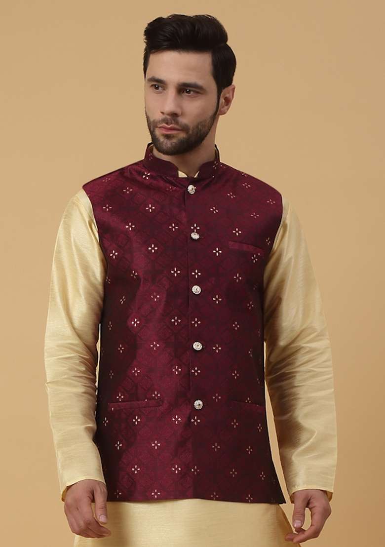 Wine Embellished Silk Nehru Jacket For Men - Indya