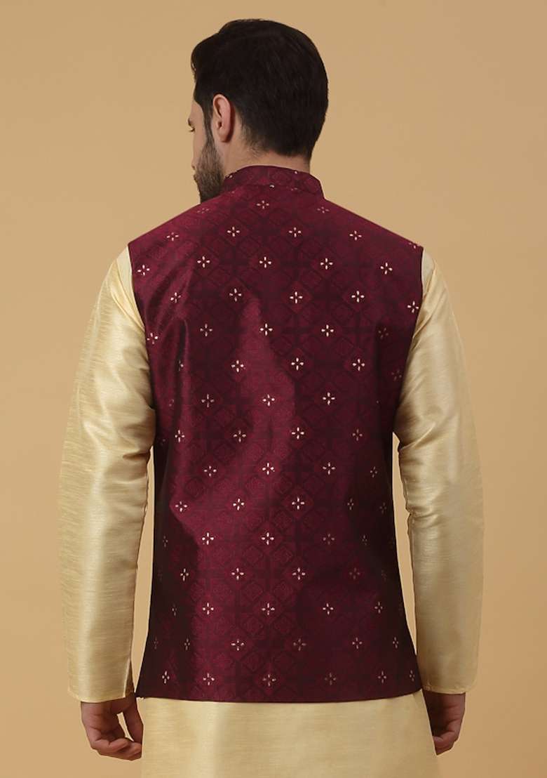 Wine Embellished Silk Nehru Jacket For Men - Indya