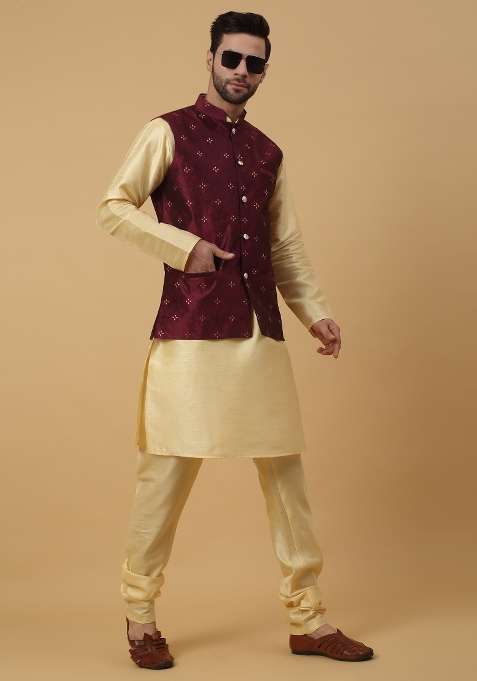 Wine Embellished Silk Nehru Jacket For Men