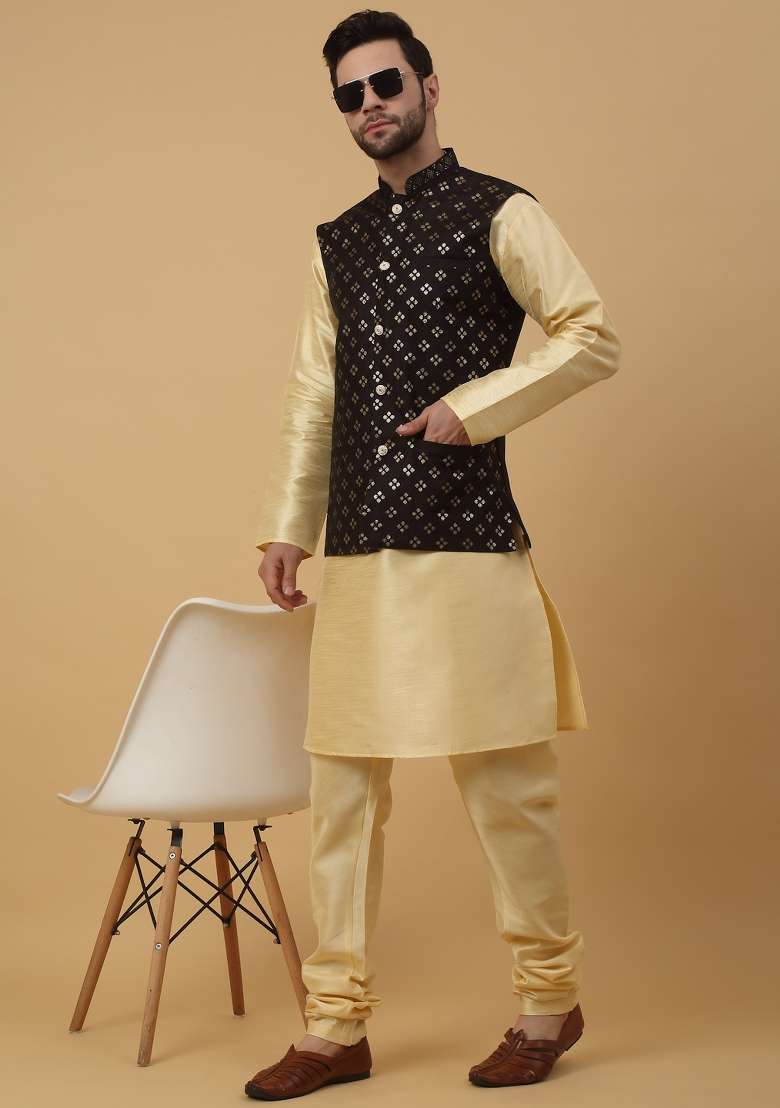 Black Embellished Silk Nehru Jacket For Men - Indya