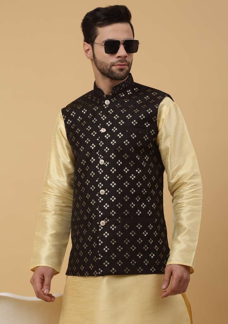 Black Embellished Silk Nehru Jacket For Men - Indya