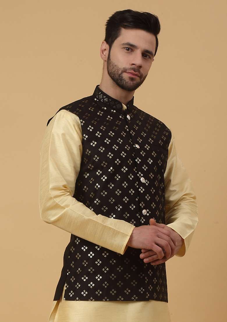 Black Embellished Silk Nehru Jacket For Men - Indya